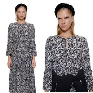 Zara Black & White Floral Printed Midi Dress Size Small Tiered Skirt Bell Sleeve